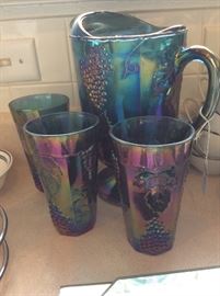 Indiana Carnival glass pitcher &  3 tumblers