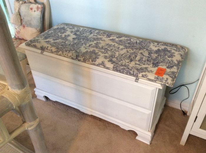 Pine chest, pInted with white wi toile pillow
