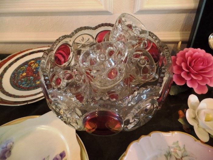 Ruby glass punch bowl set