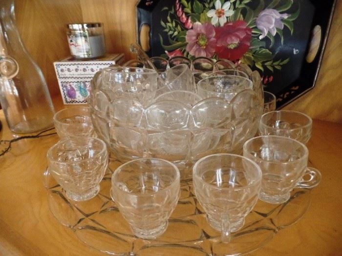 Vintage punch bowl set with tray, bowl and glasses 