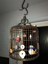 Chinese bird cage, jade, porcelain and bone 