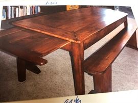 Antique early 19th century farm table with benches . Pull out cutting board on one end , and a drawer on the other 