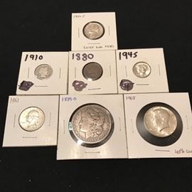 Coin Lot – 1889 Morgan Dollar, 1968 JFK Half Dollar, 1944-P Nickel, 1963 Quarter, 1945 Dime & 1880 Indian Penny.