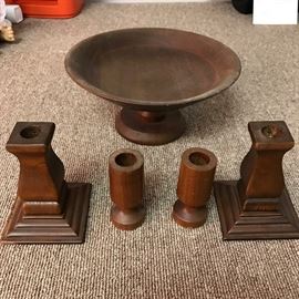 Set of 2 Vintage Ozark Walnutware Solid Walnut Candle Stick Holders and Vintage Wood a Pedestal Bowl Ozark Walnutware. Includes 2 unmarked wooden candle holders.