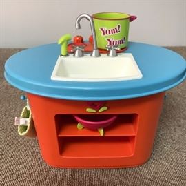 AMERICAN GIRL KITCHEN ISLAND w/ SINK & OVEN BITTY BABY. TWINS. Has a couple of small red marks in sink- see pictures.