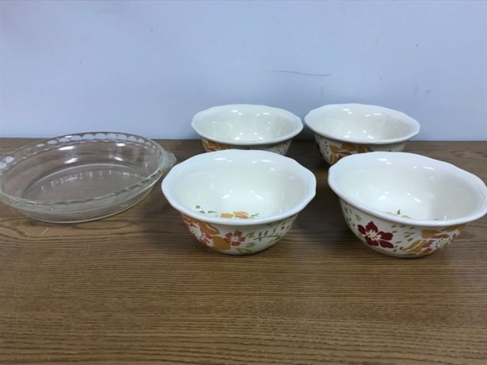 Set of 4 Better Homes & Gardens CITRUS BLOSSOMS Soup Cereal Bowl measure 6 3/4" diameter. Also a Pyrex glass Pie dish.