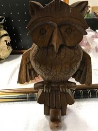 1950s Hand carved owl coat rack with moving wings. Measures 13" tall