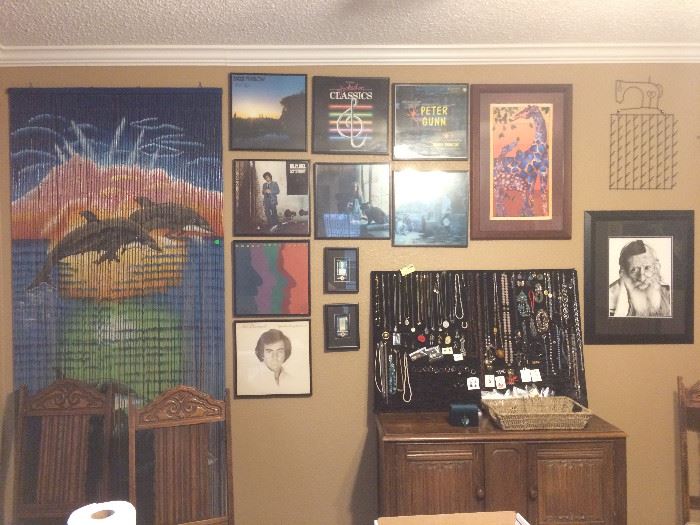 Door curtain, record albums, art and jewelry