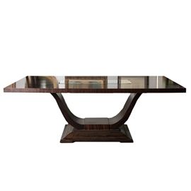 Modern Dining Table: A modern dining table. This unique piece has clean contemporary lines with a decorative glass insert to the center and a veneered espresso finish. The table rests on a large, dramatically styled lyre base. This item coordinates with items 17CLT009-063 and 17CLT009-065.