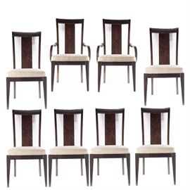 Set of Modern Dining Chairs: A set of eight contemporary dining chairs. This modern set includes two captain’s chairs and six side chairs. The chairs have a clean modern style with rectangular shaped backs, solid splats and straight, uncarved legs. Each chair has a thick foam cushion seat with cream colored woven upholstery. This item coordinates with items 17CLT009-063 and 17CLT009-064.