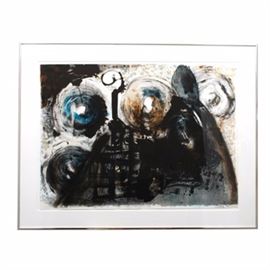 Salvador Dali "Dalinian Bishop" Limited Edition Serigraph: A signed limited edition serigraph titled “Dalinian Bidshop” by the prolific Spanish surrealist artist, Salvador Dali (1904-1989). Dali’s works can be found in reputable collections and galleries worldwide including the Dali Museum, the Museum of Modern Art, and more. A “Dalinian Symbol” is the term used to reference the variety of symbols that you can consistently see throughout Dali’s work, including angels, snails, elephants, props, ants, egg – the Christian symbol for the resurrection of Christ, landscapes, and more. This piece is pencil signed by the artist in the lower right margin and is numbered 115 out of an edition of 150 to the center of the lower margin. The print has a single white mat and is housed behind plexiglass in a simple metal frame with a wire for hanging to the verso.