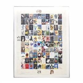 "Visual Aid For Band Aid 1985" Serigraph Signed By 104 Artists: A serigraph in colors titled Visual Aid For Band Aid circa 1985, featuring 104 different signatures from all of the contributing artists. This serigraph depicts a cluster of rectangular images featuring a different piece from each artist with their signatures hand written in the margins. Some of the artist’s include Richard Hamilton, Patrick Hughes, Terry Frost, Peter Blake, Sidney Nolan, Norman Ackroyd, Joe Tilson, Bridget Riley, Ken Kiff, Eduardo Paolozzi, David Hockney, Patrick Caulfield, Paula Rego, Howard Hodgkin, Patrick Heron, Elisabeth Frink, and Craigie Aitchison, among many others. This piece is housed behind plexiglass in a simple metal frame with a wire for hanging to the verso.