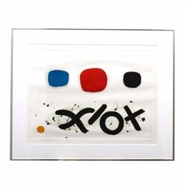 Adolph Gottlieb "Imaginary Landscape" Limited Edition Aquatint and Lift-Ground Etching: A signed limited edition aquatint and lift-ground etching titled Imaginary Landscape circa 1971, by well-list American abstract expressionist painter, sculptor and printmaker, Adolph Gottlieb (1903-1974). This etching depicts a row of circles across the top in shades of blue, red and black with black X’s and O’s underneath, also including black splattered accents and a simple yellow circle in the lower left margin. This piece is pencil signed and dated by the artist in the lower left margin and is numbered 21 out of an edition of 90 to the lower right. The print has a single white mat and is housed behind plexiglass in a simple metal frame with a wire for hanging to the verso.