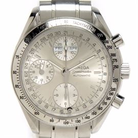 Men's Omega Speedmaster Triple Calendar Silver Chronograph Steel Automatic Wristwatch: A men’s Omega Speedmaster triple calendar silver chronograph stainless steel automatic wristwatch.