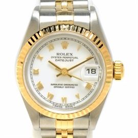 Women's Rolex Datejust 18K Yellow Gold & Stainless Steel White Roman Automatic Wristwatch: A women’s Rolex Datejust 18K yellow gold and stainless steel white roman automatic wristwatch.