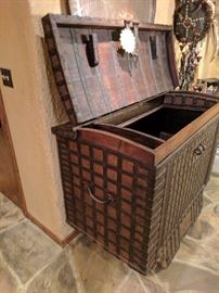 Circa mid 19Th C&nbsp;India Origin Teak, Brass & Iron Dowry Chest with Wood Wheeled Feet. &nbsp;Bound in Iron and Brass with Brass decoration to the front and domed lid , heavy iron hardware complete this fabulous piece. from Northwest India. 42.5"Hx 49"W x 30.5"D. &nbsp;Beautiful inside and out. 3500.00