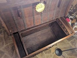 Circa mid 19Th C&nbsp;India Origin Teak, Brass & Iron Dowry Chest with Wood Wheeled Feet. &nbsp;Bound in Iron and Brass with Brass decoration to the front and domed lid , heavy iron hardware complete this fabulous piece. from Northwest India. 42.5"Hx 49"W x 30.5"D. &nbsp;Beautiful inside and out. 3500.00