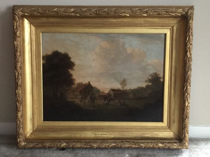 George Morland (British, 1763-1804), "English Cottages", oil on board, unsigned, antique frame
