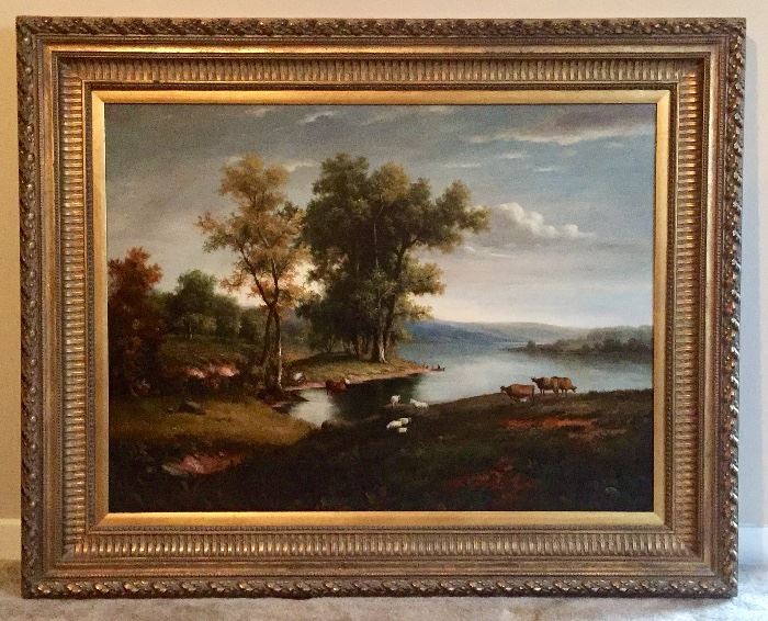 Continental or British School, late 19th/early 20th c., "Pastoral Landscape", oil on canvas, unsigned, period frame
