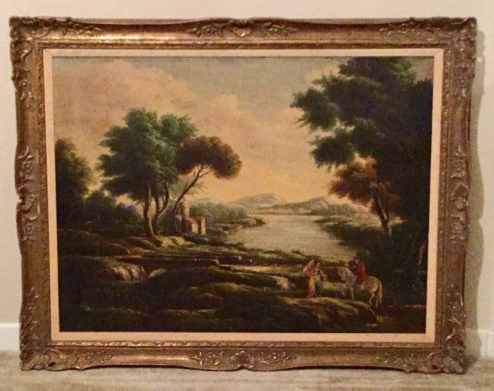 19th c. Continental oil on canvas, signed, illegible, antique frame