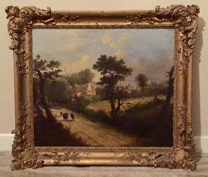 19th c. Continental "English Cottage", oil on canvas, period frame
