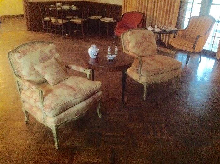 Custom upholstered chairs, Marquetry occasional table
