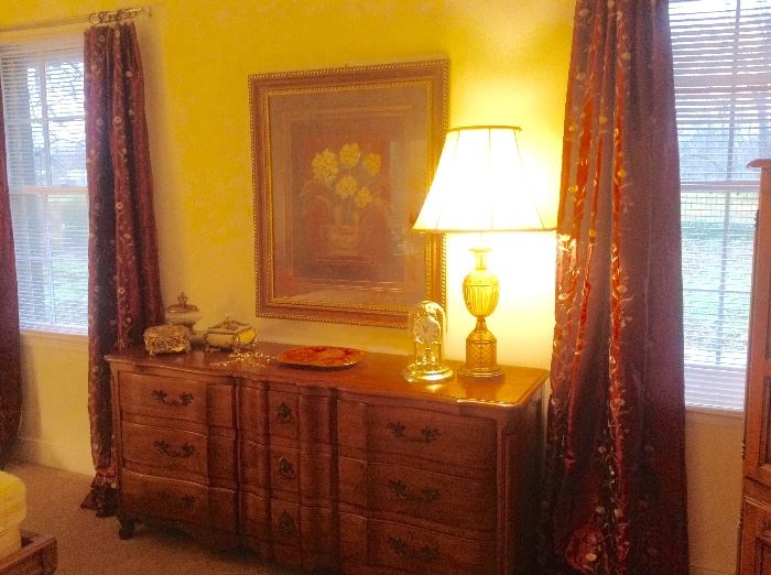 John Widdicomb chest, large framed print, vintage Amber glass lamp, one of pair 
