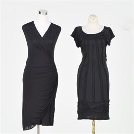 Catherine Malandrino and HM Little Black Dresses: A pair of little black knit dresses from Catherine Malandrino and HM. Both are in a small size and form fitting. One has cap sleeves and fabric accents; the other is sleeveless.