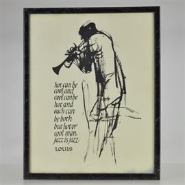 Calligraphy Inspired by Louis Armstrong: A work of calligraphy on paper inspired by Louis Armstrong. This unsigned work depicts an expressionist portrait of Armstrong and features a calligraphed quote: “hot can be cool and cool can be hot and each can be both but hot or cool man, jazz is jazz – Louis.” It is set behind glass in a black frame with red and silver marbling and has a wire to the verso for hanging.