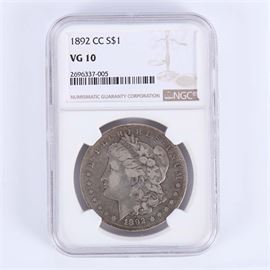 NGC Graded 1892 CC Morgan Silver Dollar: An 1892 CC Morgan silver dollar. Designer: George T. Morgan. Mintage: 1,352,000. Metal content: 90% silver, 10% Copper. Diameter: 38.1 mm. Weight: 25.9 grams. Circulated. The coin was graded VG 10 by NGC.