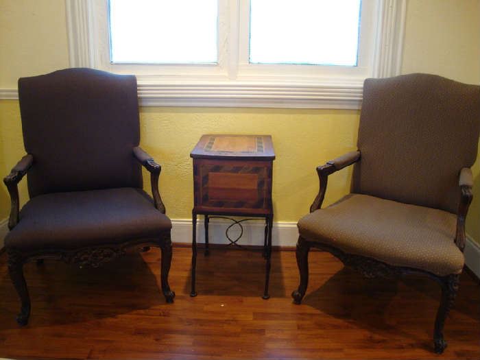 Pair of Claw Foot Arm Chairs, File Box Table