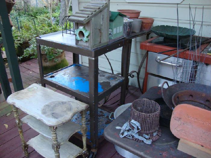 Rolling Cart, Shabby Table, etc