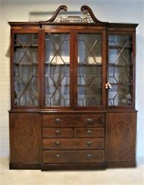 Large Mahogany Satinwood String InlayChippendale Style Bookcase