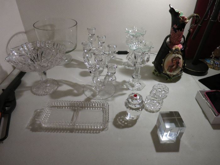 Crystal Candle Holders, Fostoria Century Triple Candle hHolders, Vintage Portrait Vase, Oleg Cassini Sprinkles Cupcake Crystal Glass Paper Weight and Other Pretty Pieces
