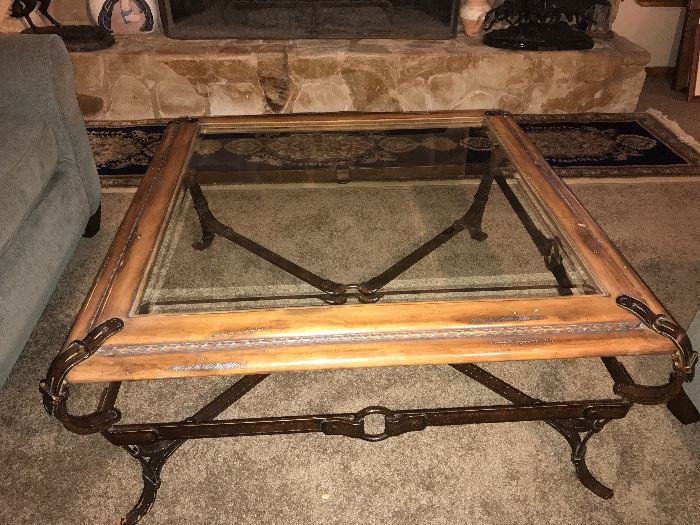 Glass Top Western Style Coffee Table with Iron Bridle Base