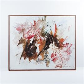 Original M. Fulkerson Oil on Canvas "Partita": An original M. Fulkerson oil painting titled “Partita #5.” The abstract work is signed by the artist and dated ’63. It is rendered in earth tones with red accents against a white background and is housed in a simple wood frame.