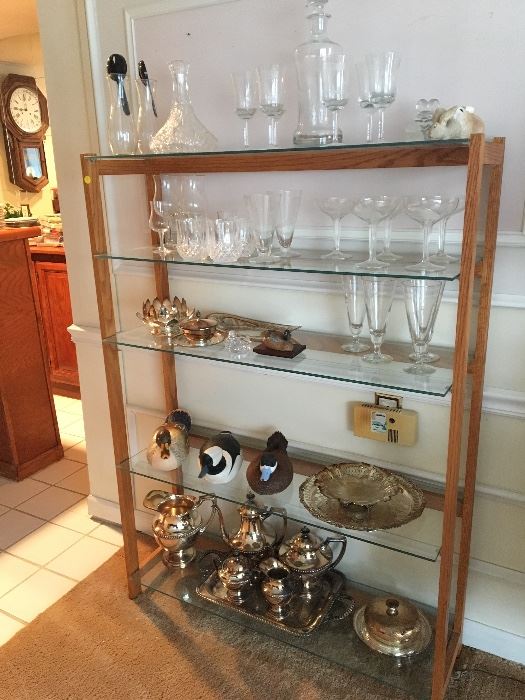 Nice Glass and wood shelf, glassware, decanter 