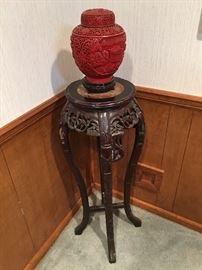 Cinnabar Ginger Jar , Decorative Old Pedestal w/ Marble Top