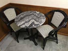 Iron Base & Marble Top Ice Cream Table w/ Black & White Bamboo Bistro Cafe Rattan Chairs