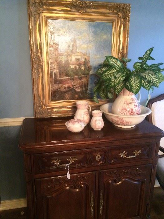 Lovely server matches the dining table and china cabinet; art:  "Venice" by Ramana (acrylic 20" x 24") in stunning frame
