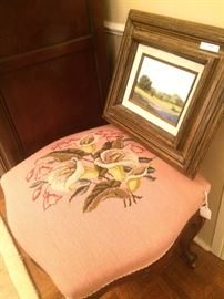 Single needlepoint stool; small bluebonnet picture