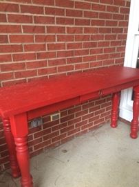 Red painted sofa/entry table (would make a great kitchen island)
