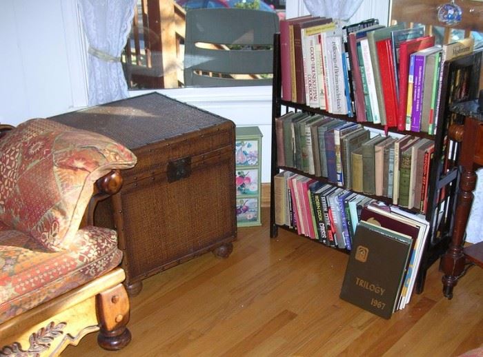 Books, wicker trunk end table