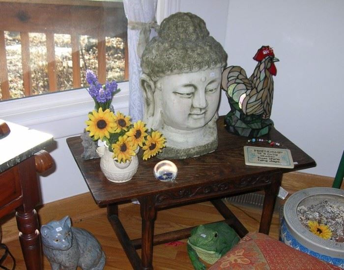 Buddha head, lead glass rooster lamp.