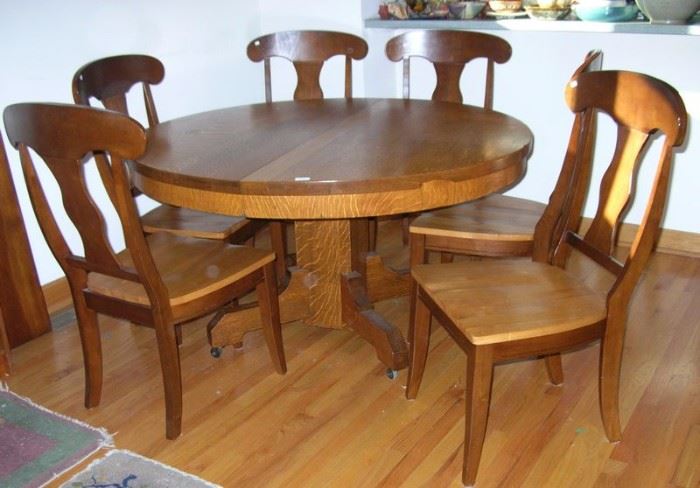 Large round dining room table (no leaves), two-tone solid wood dining room chairs