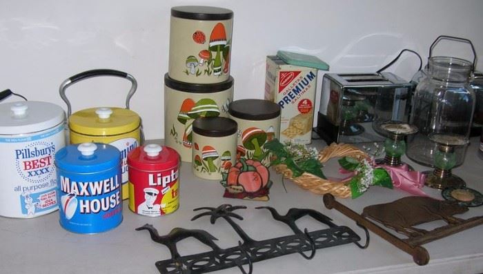 Vintage kitchen canisters, toasters, more