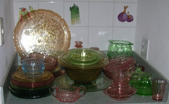 Depression glass, mostly pink and green