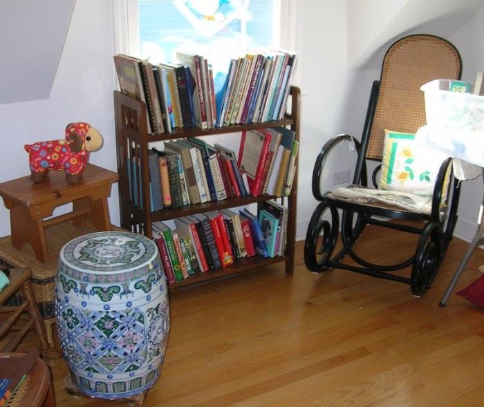 books, bent wood rocking chair
