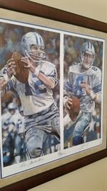 Super Rare 1 of only 20 Giclee of Dallas Cowboys Troy Aikman and Roger Staubach. By very famous sports artist Opie Otterstad. Autographed as well. One of a kind rare find.