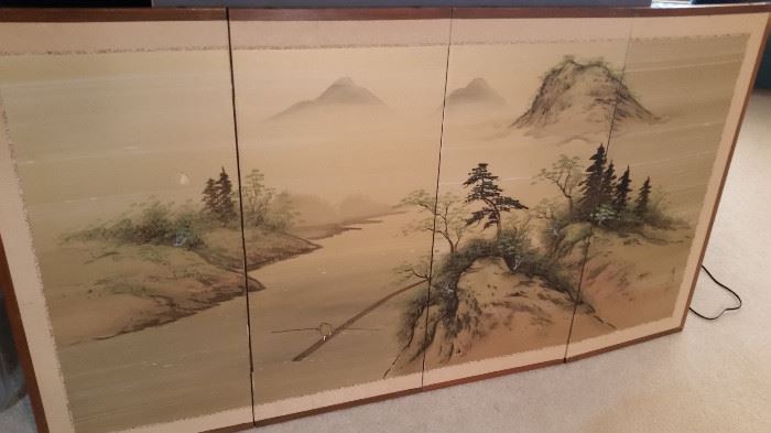 Fantastic Signed Japanese 4 Panel Original Painting Showing Mt. Fuji